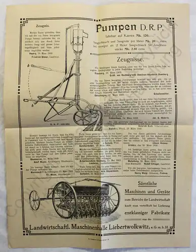 Originial Werbeblatt Landwirt. Maschinenhalle Liebertwolkwitz Pumpen Eisele 1909