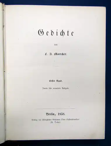 Märcker Gedichte 1 Band von 2 1858 Belletristik Klassiker Literatur sf