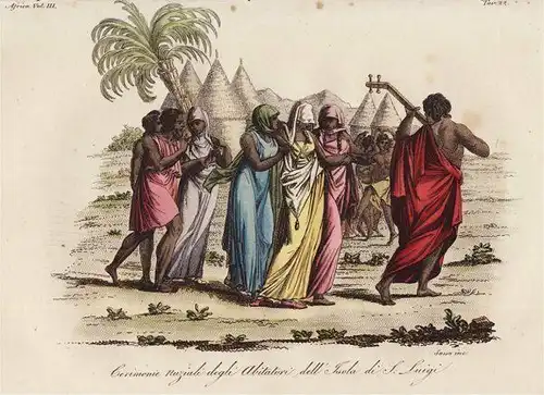Kupferstich Afrika Insel St. Louis Kostüm um 1825 Sasso handkoloriert Grafik