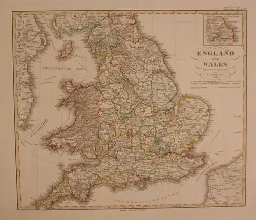Original kolorierte Stahlstichkarte "England & Wales" um 1850 Geografie Kunst sf