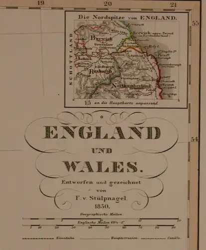 Original kolorierte Stahlstichkarte "England & Wales" um 1850 Geografie Kunst sf