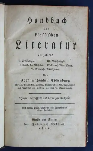 Eschenburg Handbuch der klassischen Literatur 1801 Geschichte Mythologie sf