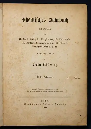 Schücking Rheinisches Jahrbuch mit Beiträgen von Schlegel, Pfarrius uw. 1846 sf