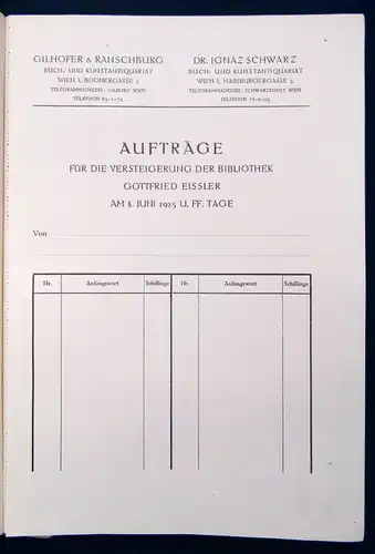 Auktionskatalog Bibliothek Gottfried Eissler Beilage( Schätzpreise etc.) 1925 js