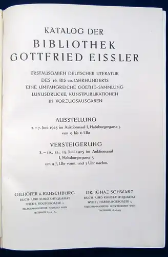 Auktionskatalog Bibliothek Gottfried Eissler Beilage( Schätzpreise etc.) 1925 js