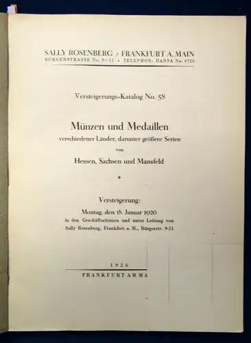 Versteigerungs-Katalog No.58 Münzen u. Medaillen versch. Länder 1925 Wissen js