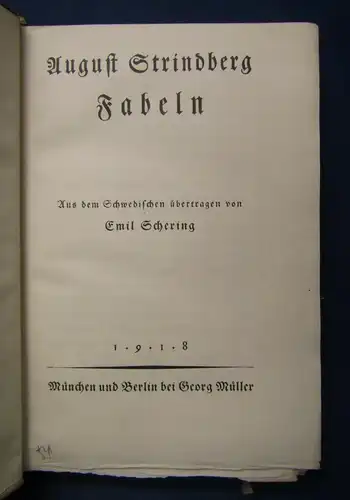 Schering August Strindberg Fabeln 1918 Gedichte Geschichten Belletristik js