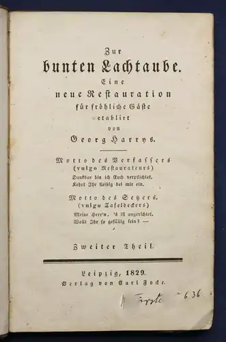 Harrys Zur bunten Lachtaube Eine neue Restauration 1829 Geschichten Erzählung sf