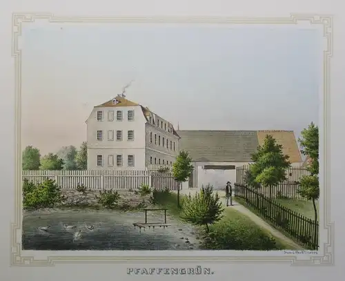 Lithografie Pfaffengrün Anciht Poenicke Schlösser Rittergüter Sachsen um 1855 xz