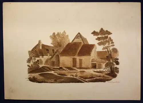 Kattuschafke junior Federzeichnung auf Karton "Dorfidylle mit Teich" um 1830 sf