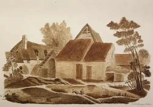 Kattuschafke junior Federzeichnung auf Karton "Dorfidylle mit Teich" um 1830 sf