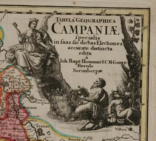 Orig. kol. Kupferstichkarte "Tabula Geographica Campaniae" um 1750 Frankreich sf