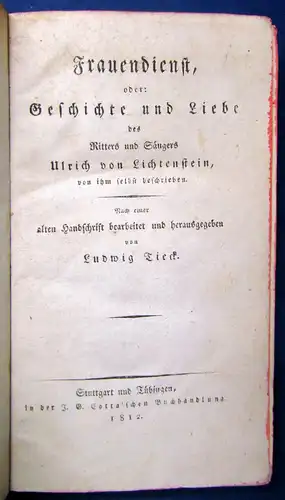 Tieck Frauendienst Geschichte u. Liebe 1812 EA Wilpert G.33 Romantik js