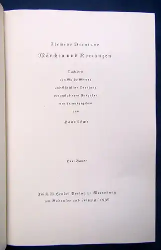 Brentano Märchen und Romanzen 3 Bde. 1936 Zum besten der Armen Literatur js