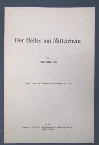 Hävernik Der Heller am Mittelrhein 1931 Münzen Wissen Zeitgeschichte js