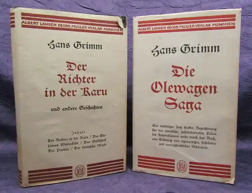 Hans Grimm 2 Bände Der Richter in der Karu, Die Olewagen- Saga um 1925  js