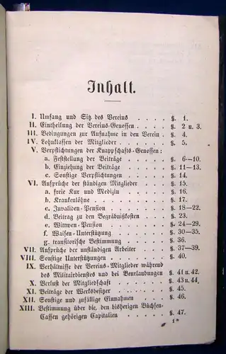 Statut der Knappschafts- Vereins zu Stolberg am Harz um 1860 Landeskunde js