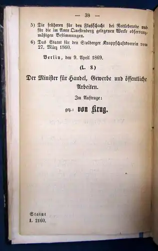 Statut der Knappschafts- Vereins zu Stolberg am Harz um 1860 Landeskunde js