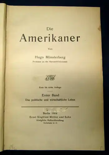 Münsterberg Die Amerikaner 1904 1. und 2. Band in 1 Buch Geschichte Politik js