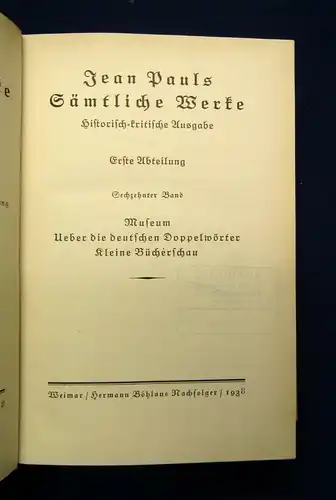Jean Pauls Sämtliche Werke Freiheits-Büchlein Levana + Ergänzung 12.Bd. 1937 js