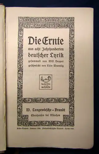 Vesper Die ernste aus acht Jahrhunderten deutscher Lyrik 1909 Belletristik js