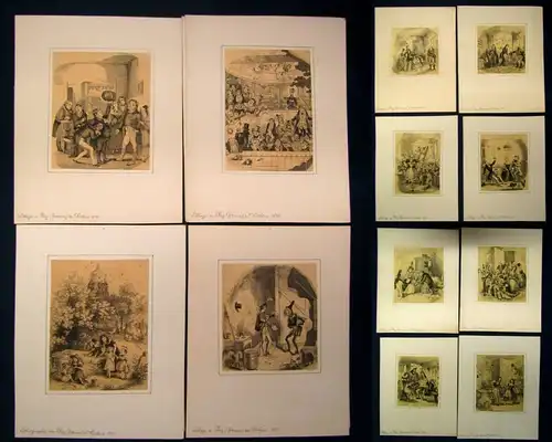 12 Lithographien von Browne(Phiz) z Dickens 1838 auf Karton montiert 9x9 cm js