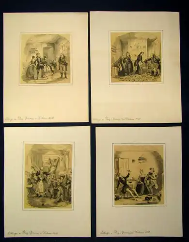 12 Lithographien von Browne(Phiz) z Dickens 1838 auf Karton montiert 9x9 cm js
