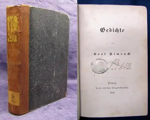 Simrock Karl Gedichte 1844 Bibliotheksexemplar Weltliteratur Lyrik Literatur js