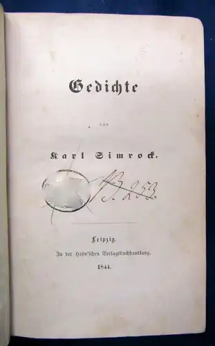 Simrock Karl Gedichte 1844 Bibliotheksexemplar Weltliteratur Lyrik Literatur js