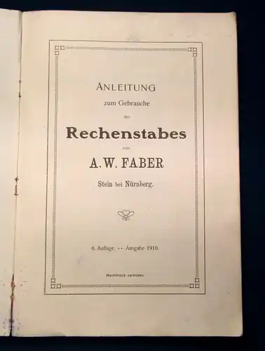 Anleitung zum Gebrauche des Rechenstabes von A. W. Faber 1910 Industrie js