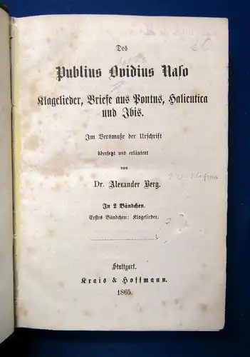 Berg Des Publius Avidius Naso 1865 In 2 Bändchen Lyrik Geschichten js