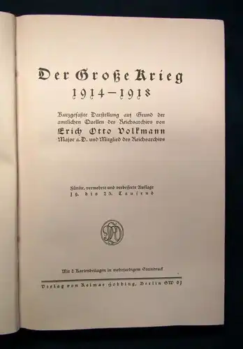 Volkmann Der Große Krieg 1914-1918 Kurzgefaßte Darstellung 1924 Geschichte js