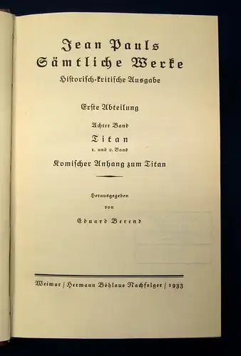 Jean Pauls Sämtliche Werke Komischer Anhang zum Titan 8.Bd. 1933 Klassiker mb