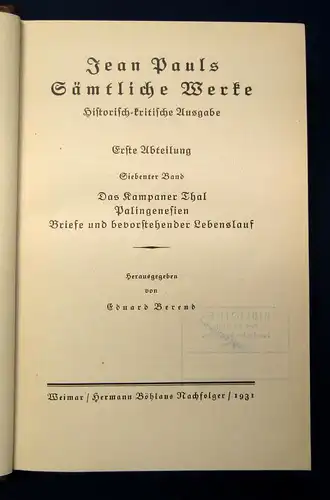 Jean Paul Sämtliche Werke Das Kampaner Thal 7.Bd. 1931 Klassiker Lyrik mb