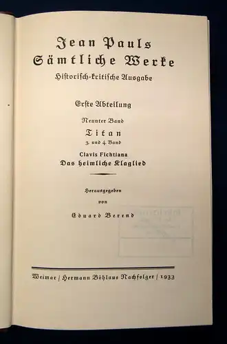 Jean Pauls Sämtliche Werke Das heimliche Klaglied 9.Bd. 1933 Klassiker Lyrik mb