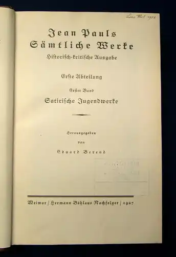 Jean Pauls Sämtliche Werke Satirische Jugendwerke 1.Bd. 1927 Lyrik Klassiker mb