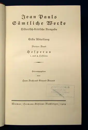 Jean Pauls Sämtliche Werke Hesperus 3.Bd. 1929 Lyrik Klassiker Gedichte Reise mb