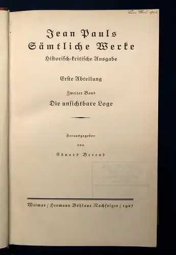 Jean Pauls Sämtliche Werke Die unsichtbare Loge 2.Bd. 1927 Lyrik Klassiker mb