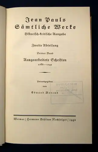 Jean Paul Sämtliche Werke Ausgearbeitete Schriften 3.Bd. 1932 Klassiker Lyrik mb