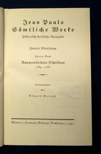 Jean Paul Sämtliche Werke Ausgearbeitete Schriften 2.Bd. 1931 Klassiker Lyrik mb