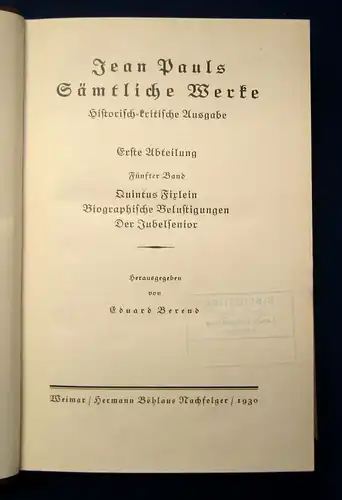 Jean Pauls Sämtliche Werke Biographische Belustigungen 5.Bd. 1930 Klassiker mb