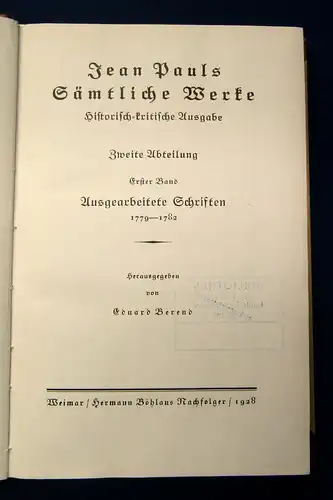 Jean Paul Sämtliche Werke Ausgearbeitete Schriften 1.Bd. 1928 Lyrik Klassiker mb