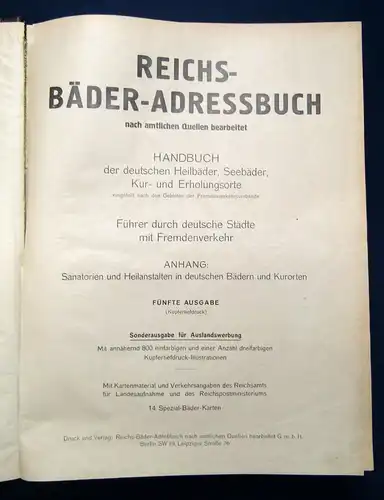 Reichs-Bäder Adressbuch o.J. nach amtl. Quellen Heilbäder,Seebäder,Verkehr js