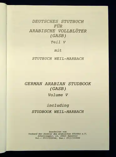 Deutsches Stutbuch für Arabische Vollblüter (GASB) Teil V Bd. 2 1990 Wissen js