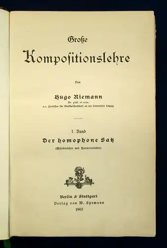 Riemann Große Kompositionslehre 2 Bde.(v.3) Homophon, Polyphon 1902  js