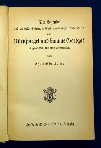 Die Legende von Uilenspiegel und Lamme Goedzak o.J. um 1915 Belletristik mb