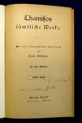 Böttcher Chamissos Werke o.J. ( um 1900 ) in 2 Bänden  Belletristik Klassiker mb