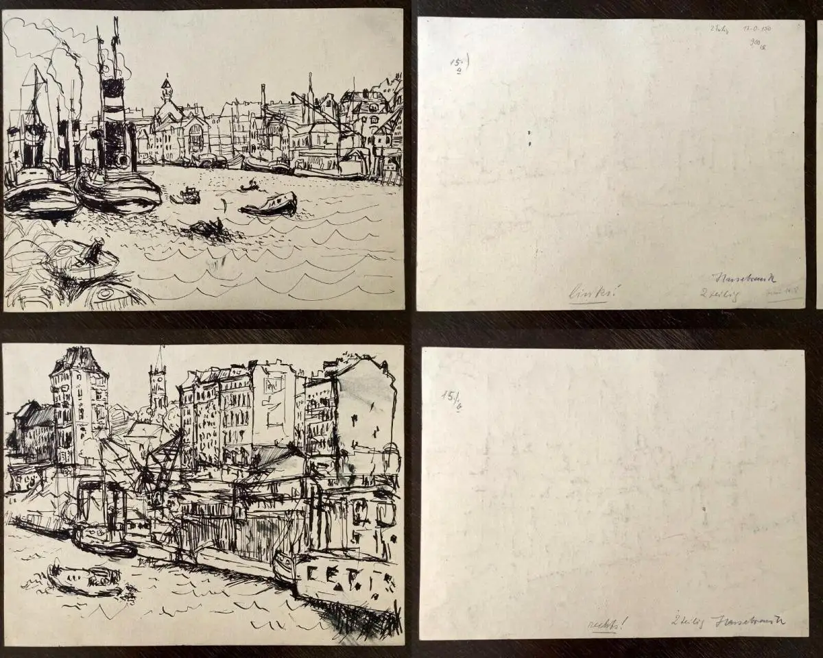 Hassebrauk Ernst Hamburg - Hafen Tuschezeichnung auf Papier in 2 Teilen signiert 0