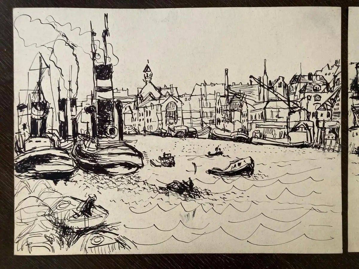 Hassebrauk Ernst Hamburg - Hafen Tuschezeichnung auf Papier in 2 Teilen signiert 1