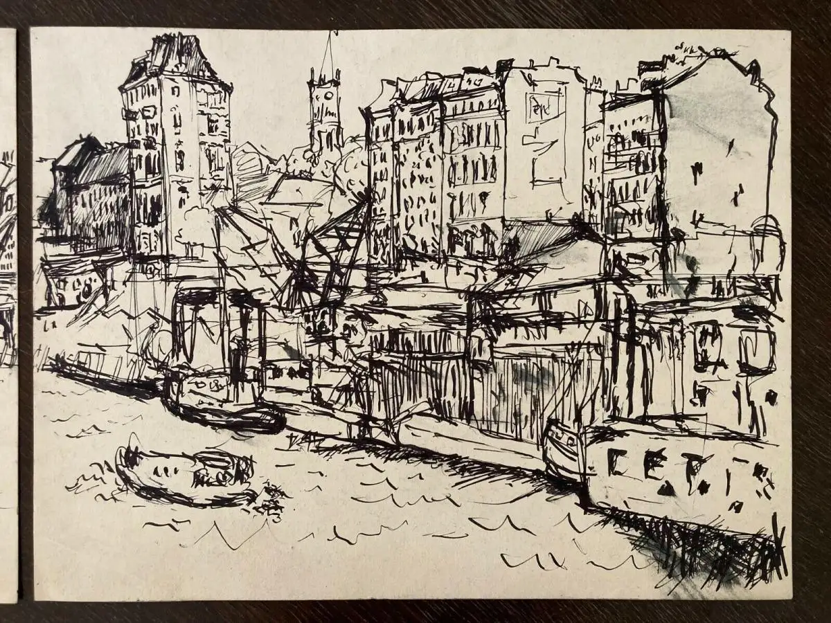 Hassebrauk Ernst Hamburg - Hafen Tuschezeichnung auf Papier in 2 Teilen signiert 2